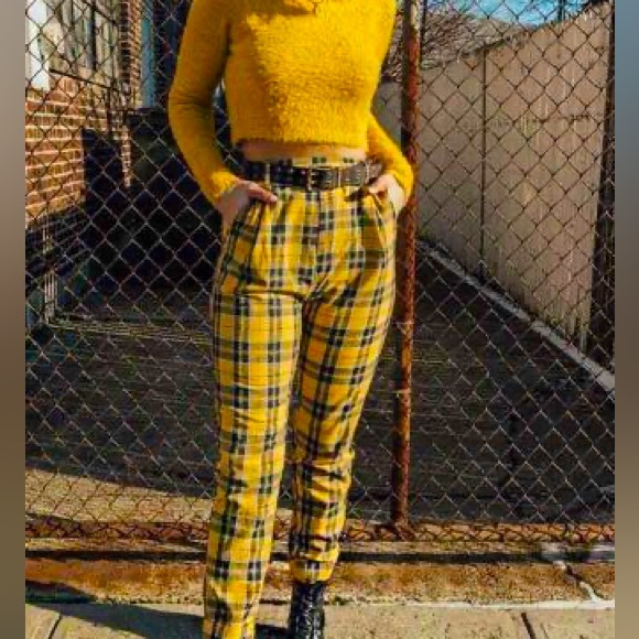 Hot Topic Yellow Plaid Pants Large Trousers Stretch Womens Punk Goth Clueless - Picture 1 of 4